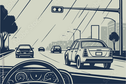  a busy, pouring rainy street seen from the dashboard of a car. Long exposure. Grainy film effect