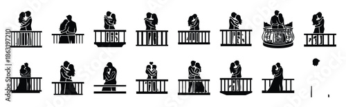 Collection of romantic balcony couple silhouette valentine vector icon set. Clean romantic icons symbols isolated on a white background for Valentine’s Day.