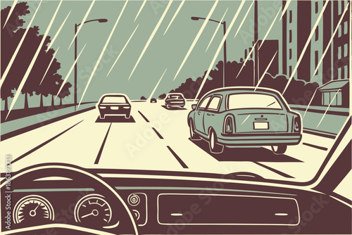  a busy, pouring rainy street seen from the dashboard of a car. Long exposure. Grainy film effect