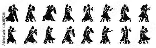 Collection of romantic couple dancing silhouette valentine vector icon set. Clean romantic icons symbols isolated on a white background for Valentine’s Day.