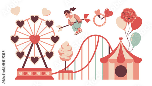 Romantic Amusement Park: An illustrated scene of a heart-themed amusement park, conveying a sense of romance and playfulness with Ferris wheel, rollercoaster, circus tent.