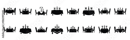 Collection of romantic dinner table silhouette valentine vector icon set. Clean romantic icons symbols isolated on a white background for Valentine’s Day.