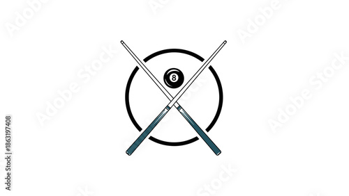Two crossed pool cues with an 8-ball in the center on a white background, representing billiards and cue sports.