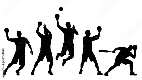 Dynamic Silhouettes of Male Baseball or Softball Players in Various Action Poses, isolated white background.