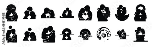 Collection of romantic sunset couple silhouette valentine vector icon set. Clean romantic icons symbols isolated on a white background for Valentine’s Day.