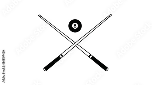 Crossed Billiard Cues with Black Eight Ball Symbol, isolated white background.
