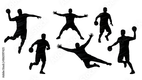 Energetic Group of Male Handball Players in Various Dynamic Action Poses with Gritty Texture, isolated white background.