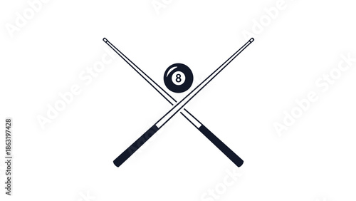 Crossed Billiard Cues with Black Eight Ball in the Center, isolated white background.