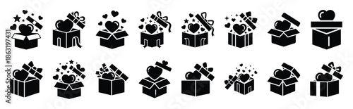 Collection of romantic surprise box silhouette valentine vector icon set. Clean romantic icons symbols isolated on a white background for Valentine’s Day.