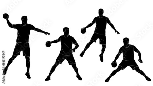 Dynamic Silhouettes of Male Handball Players in Action and Throwing Poses, isolated white background.