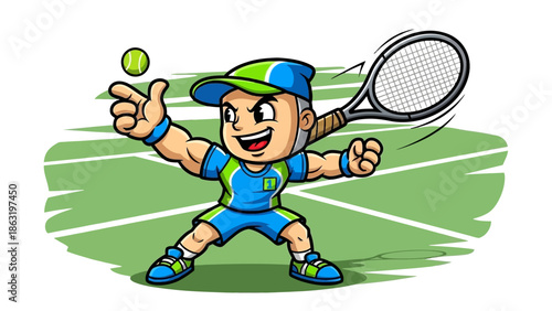 Energetic Cartoon Boy Playing Tennis, Hitting Ball with Racket on Green Court.