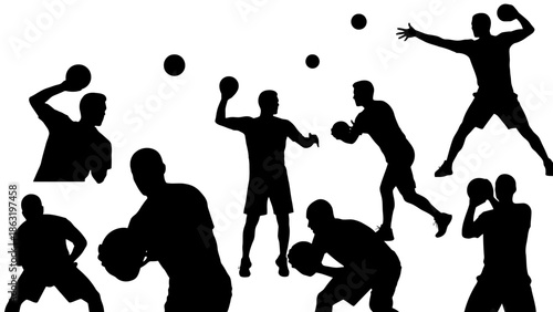 Dynamic Group of Male Handball Players in Various Action and Throwing Poses, isolated white background.