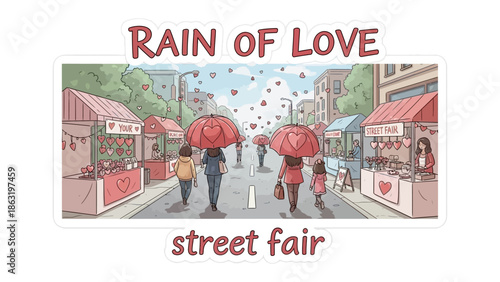 Love Showering Street Fair: A scene of a lively street fair, where hearts are raining and people are united, creating a picture of happiness.