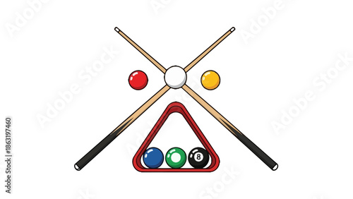 Crossed Billiard Cues with Racked Pool Balls and Cue Ball, isolated white background.