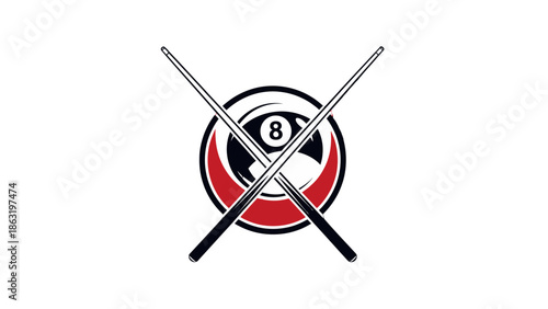 Billiards sport logo with 8-ball, crossed cue sticks, and target shape on an isolated white background