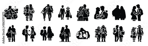 Collection of romantic travel couple silhouette valentine vector icon set. Clean romantic icons symbols isolated on a white background for Valentine’s Day.