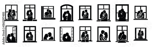 Collection of romantic window couple silhouette valentine vector icon set. Clean romantic icons symbols isolated on a white background for Valentine’s Day.