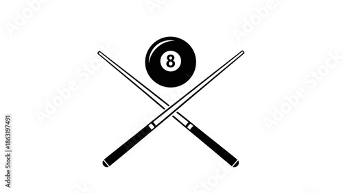 Black 8-ball with crossed pool cue sticks on an isolated white background
