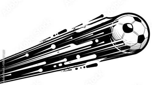 A dynamic illustration of a soccer ball in motion, leaving a trail of streaks and particles behind it.