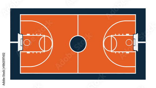 Top-down view of a vibrant orange and dark blue basketball court with all standard markings, including free-throw lines, three-point arcs, and a center circle.