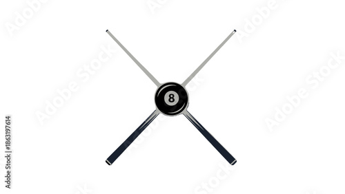 Minimalistic Black and White Crossed Billiard Cues with 8-Ball, Pool Game Symbol on Isolated White Background