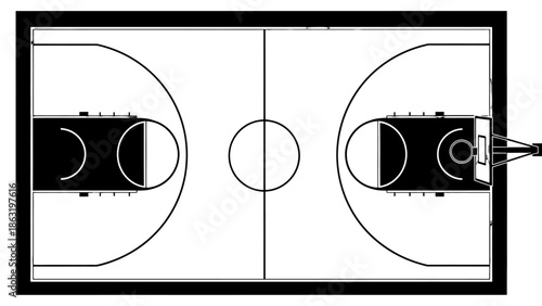 Top View Basketball Court Layout Diagram, Sport Field Black and White Outline on Isolated White Background