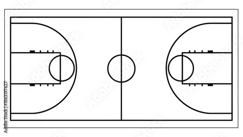 Simple black and white outline drawing of a standard basketball court layout.