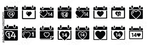 Collection of valentine calendar date silhouette valentine vector icon set. Clean romantic icons symbols isolated on a white background for Valentine’s Day.
