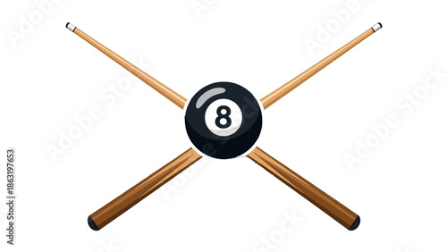 Crossed Billiard Cue Sticks and Black 8-Ball, Pool Game Equipment on Isolated White Background
