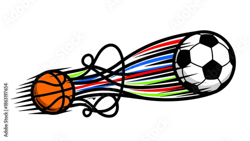 Fast Football and Basketball Balls with Colorful Speed Trails, Dynamic Sport Concept on Isolated White Background