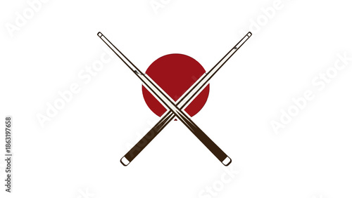 Two crossed billiard cues superimposed over a red circle on a white background.