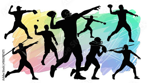 Silhouettes of various athletes performing throwing actions in different sports against a colorful background.