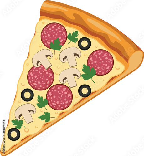 Delicious supreme pizza slice vector illustration with melting cheese pepperoni mushrooms black olives and fresh parsley isolated on white background for restaurant menu design.