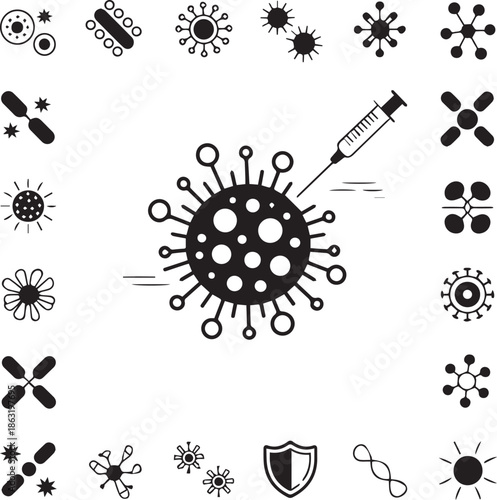 Virus and Bacteria Icon Set Vector Illustration of Pathogen Coronavirus Microbe and Vaccine Syringe for Medical Science Research and Laboratory Education Design
