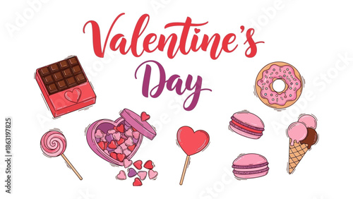 Valentine's Day Delights: A collection of sweet treats including chocolate, lollipops, macarons, and ice cream arranged to celebrate the day of love and affection.