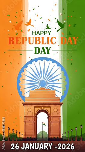 Happy republic day india celebration with india gate and ashoka chakra. 