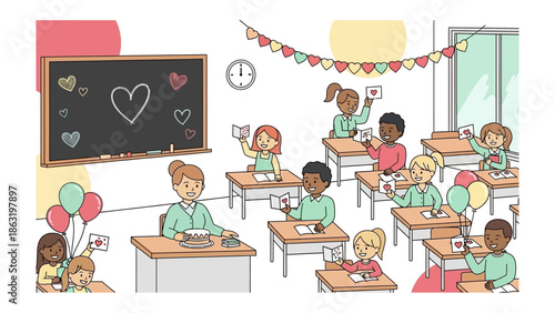 Love in Learning: Heartfelt Classroom Moments. A heartwarming classroom scene where children are immersed in an activity, displaying their creations with joy and excitement.