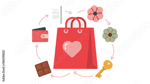 Gift Bag Items : A conceptual illustration showing a red gift bag surrounded by various gifting items, emphasizing shopping, giving, and sharing happiness. 