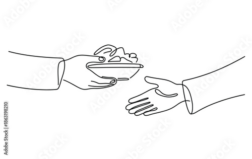 continuous one line drawing of hands sharing free food during the month of ramadan, symbolizing charity, kindness, and fasting traditions in simple minimalist vector illustration.