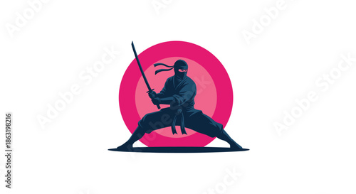 A stylized illustration of a ninja warrior in a wide stance holding a katana sword ready for combat set against a bold pink circle.