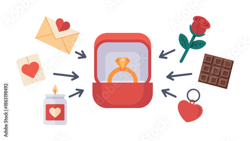 Romance Elements Around the Ring: Depicting love in its many forms. A central ring in a box, accompanied by symbols like a rose, letter and chocolate
