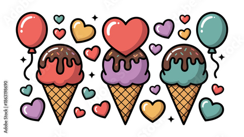 Sweet Treat Celebration: A delightful illustration featuring three vibrantly colored ice cream cones, adorned with heart-shaped decorations and floating balloons, evoking a sense of joy and sweetness.