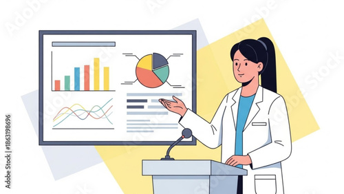 Female Scientist Presenting Data Charts on Screen in Laboratory Setting