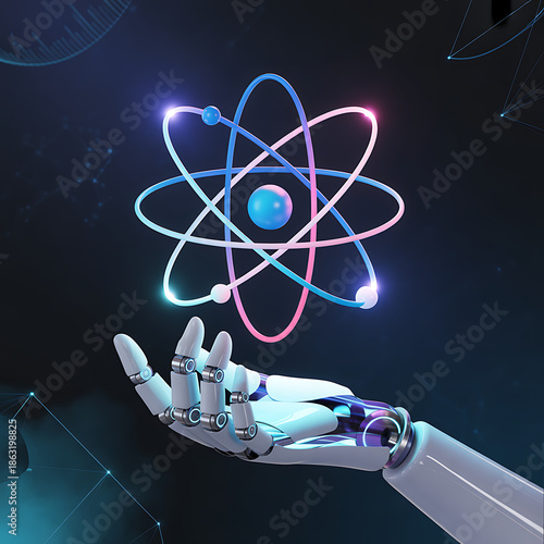 Abstract technology background featuring an atomic science illustration with 3d molecular spheres and blue electron vectors symbolizing physics and global internet communication energy