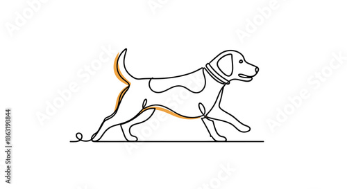 A continuous single line drawing of a running or trotting dog with a collar and a splash of orange color to highlight its form.