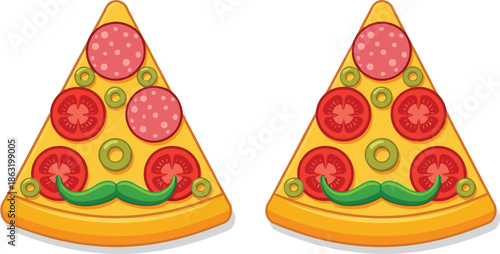 Delicious Italian pizza slice vector illustration with melting cheese fresh tomato and basil leaves featuring a white blank ribbon banner for custom text.