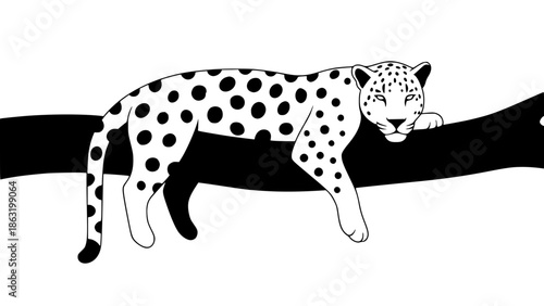 Flat style vector of a jaguar lying on a tree branch, minimal shapes, smooth curves, modern illustration, balanced composition, wildlife concept, isolated background, editable vector