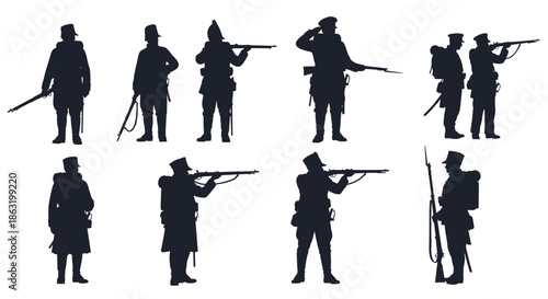 A historical collection of nine black silhouettes of soldiers from the 18th or 19th century in various uniforms and poses with rifles.