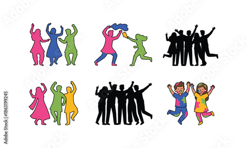 Set Bundle of People dancing at Holi celebration in black silhouette style