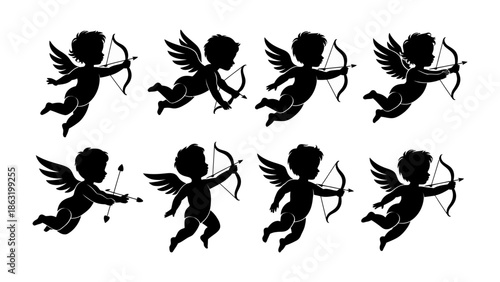 Cupids of Love: Eight silhouettes of cherubic cupids take aim with their bows and arrows, embodying the spirit of love and affection. Each delicate figure, with feathered wings.